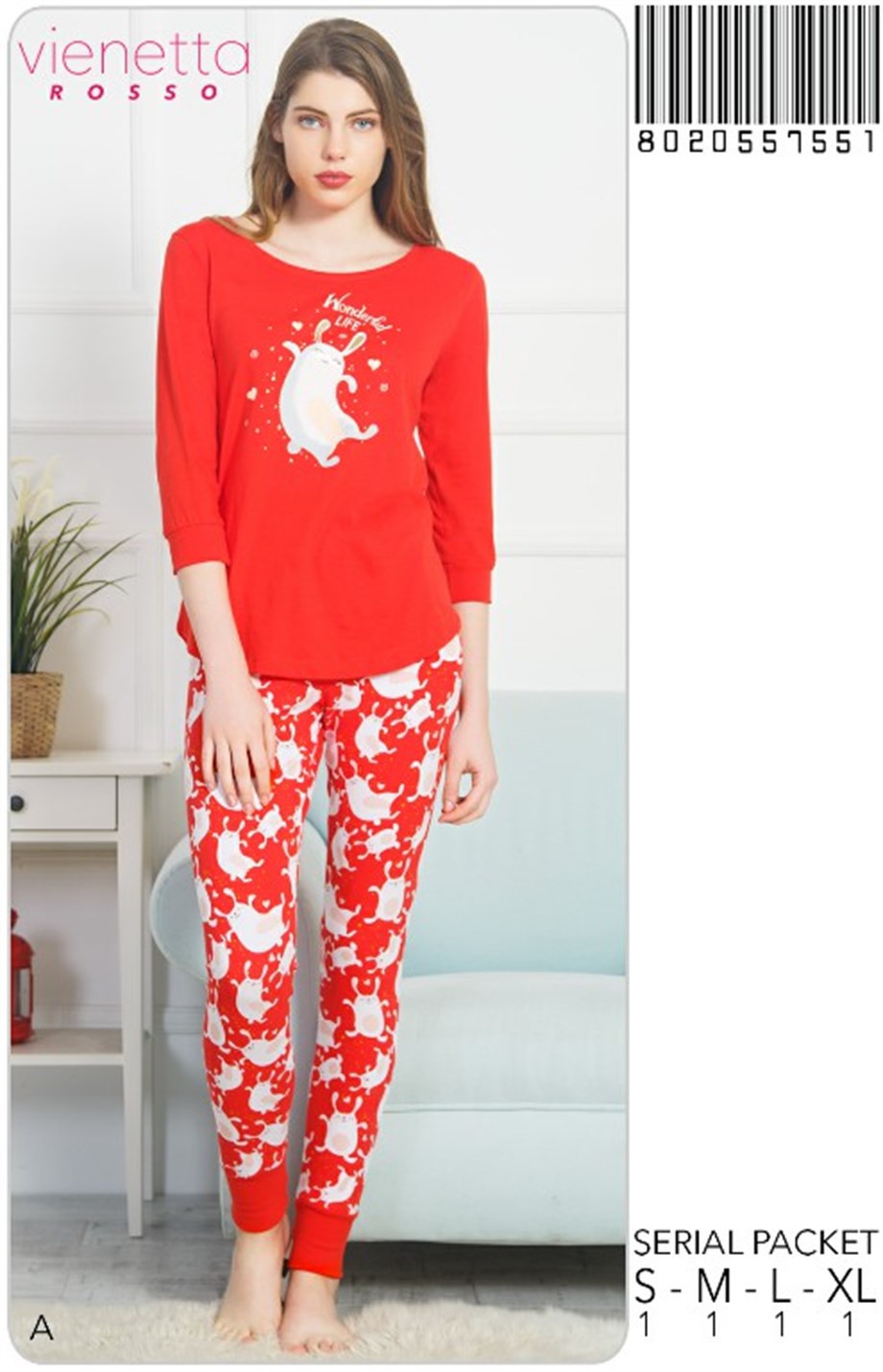 Vienetta 8020557551 Kadın 3/4 Kol Paçası Büzgülü Pijama Takımı