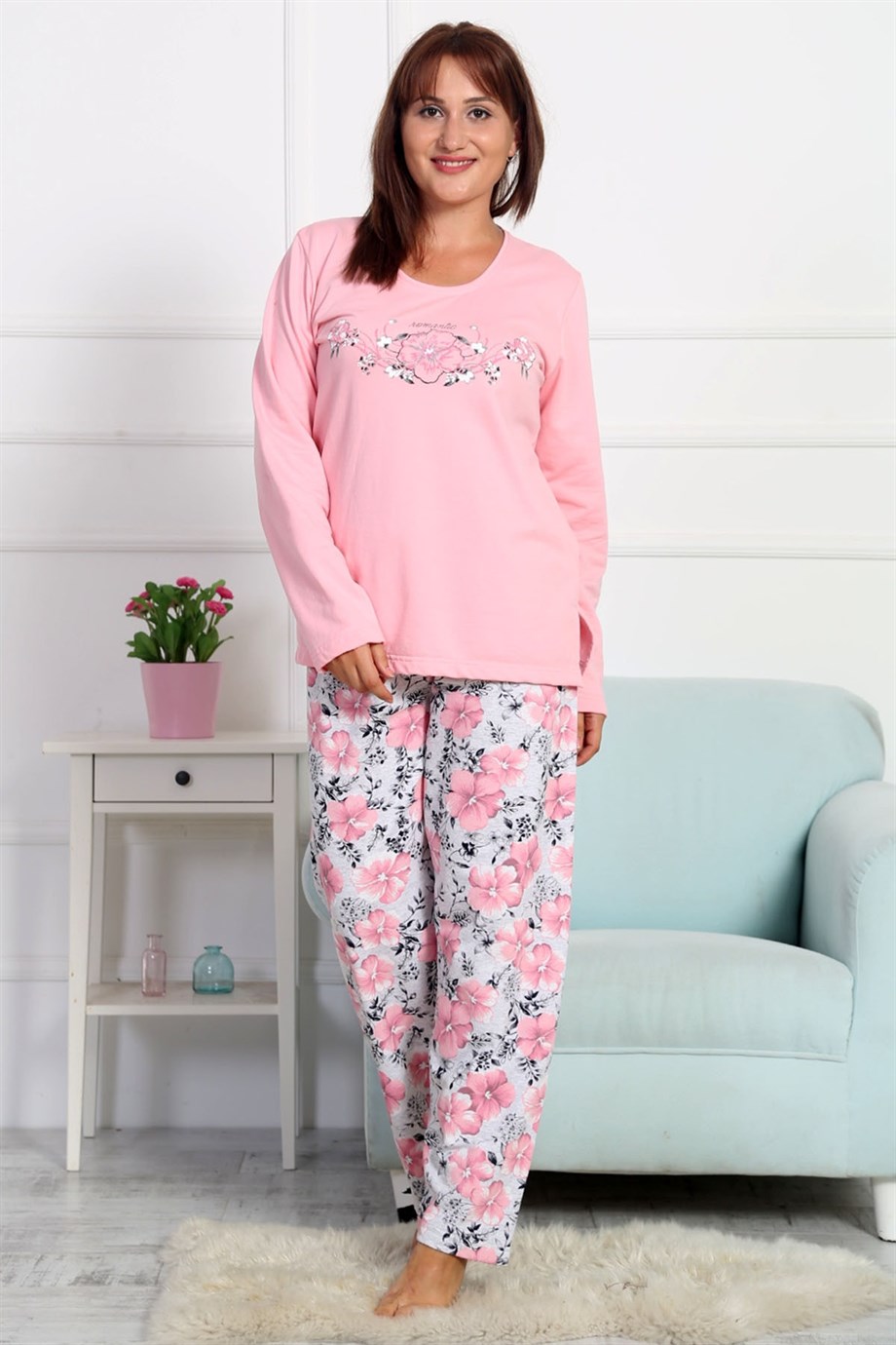 Vienetta 8030616730 Kadın Büyük Beden O Yaka Uzun Kol Pijama Takım