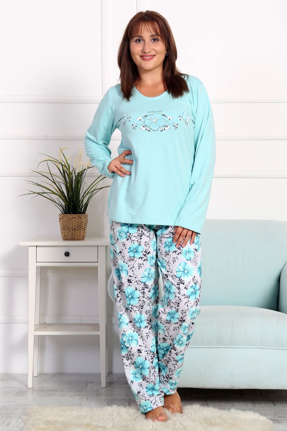 Vienetta 8030616730 Kadın Büyük Beden O Yaka Uzun Kol Pijama Takım