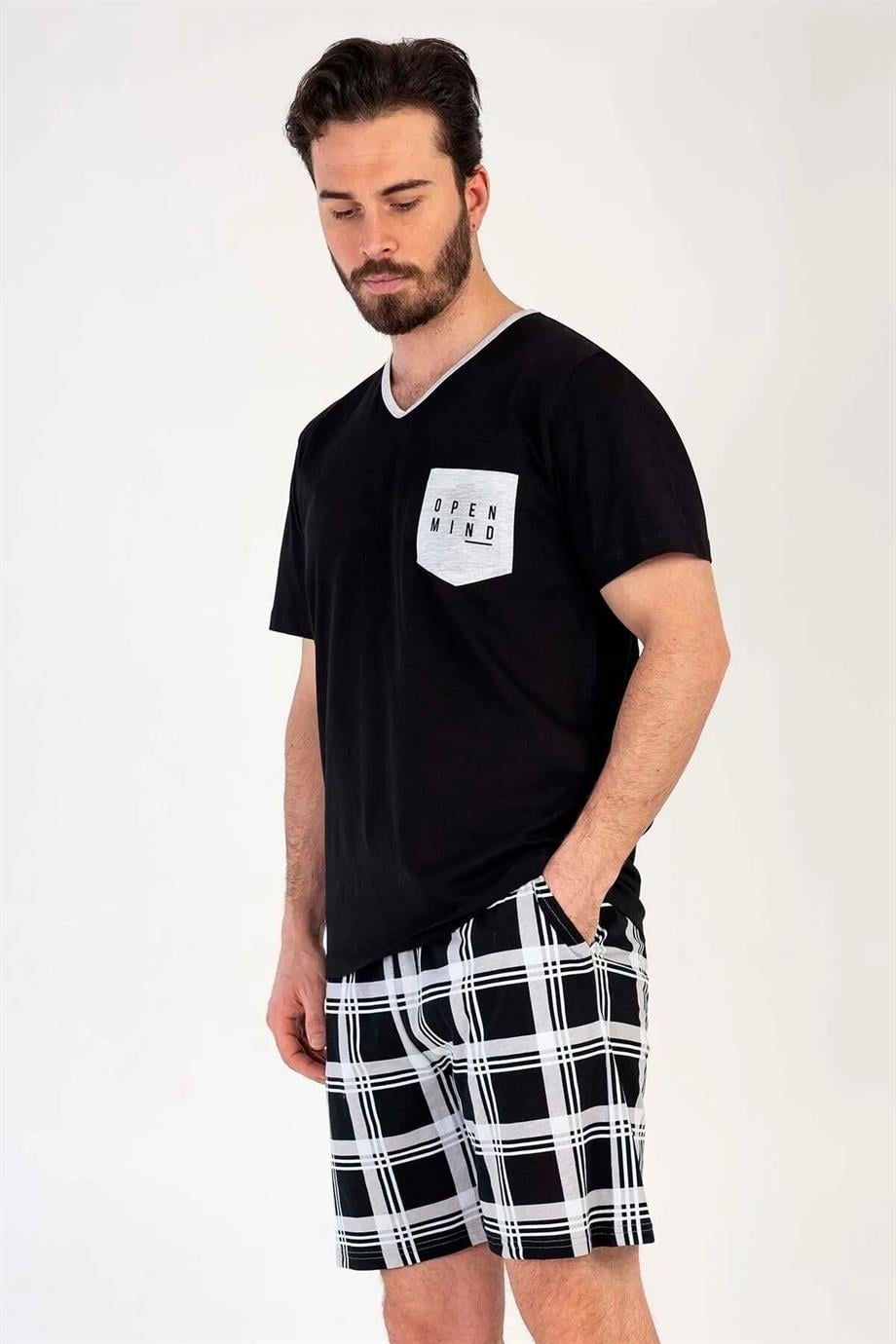 Vienetta Erkek Siyah Kısa Kollu Şortlu Pijama Takımı