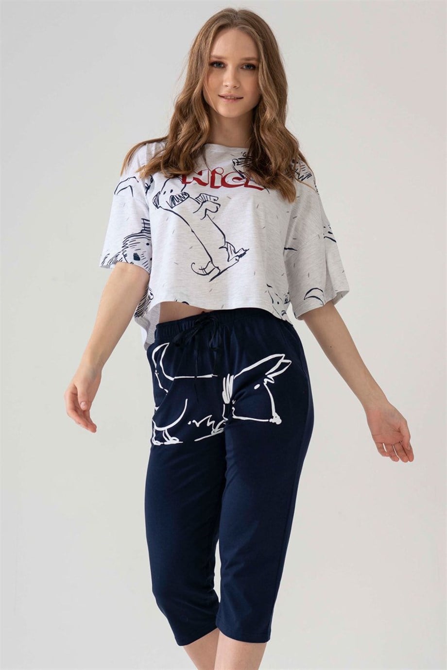 Vienetta (Gri Melanj) Kadın Kısa Kollu Kaprili Pijama Takımı 1090880690