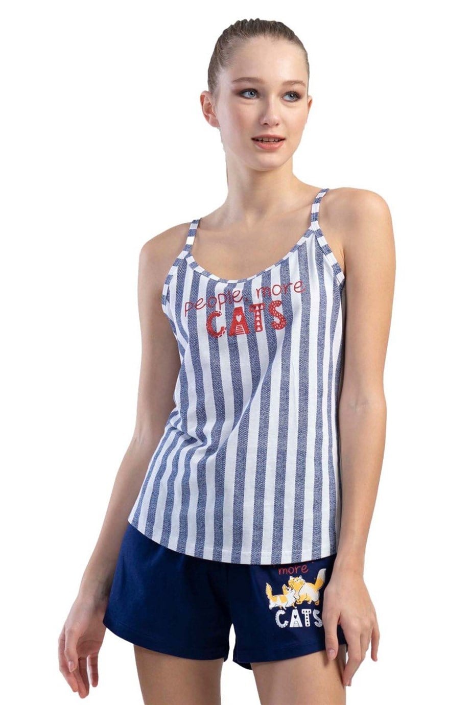 Vienetta (İndigo) Kadın İp Askılı Şortlu Pijama Takımı 1101200448