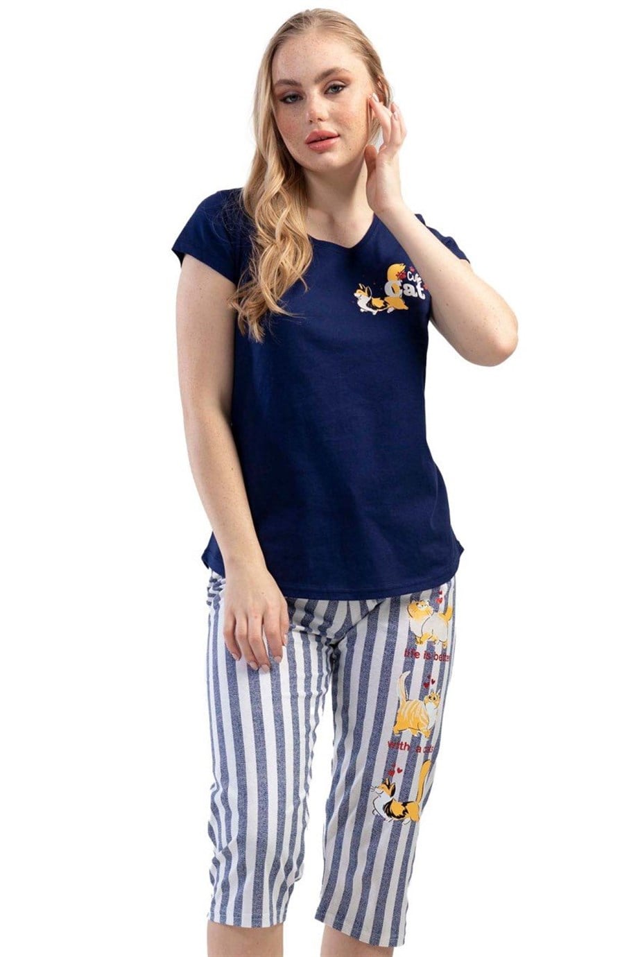 Vienetta (İndigo) Kadın Kısa Kollu Kaprili Pijama Takımı 1101150448