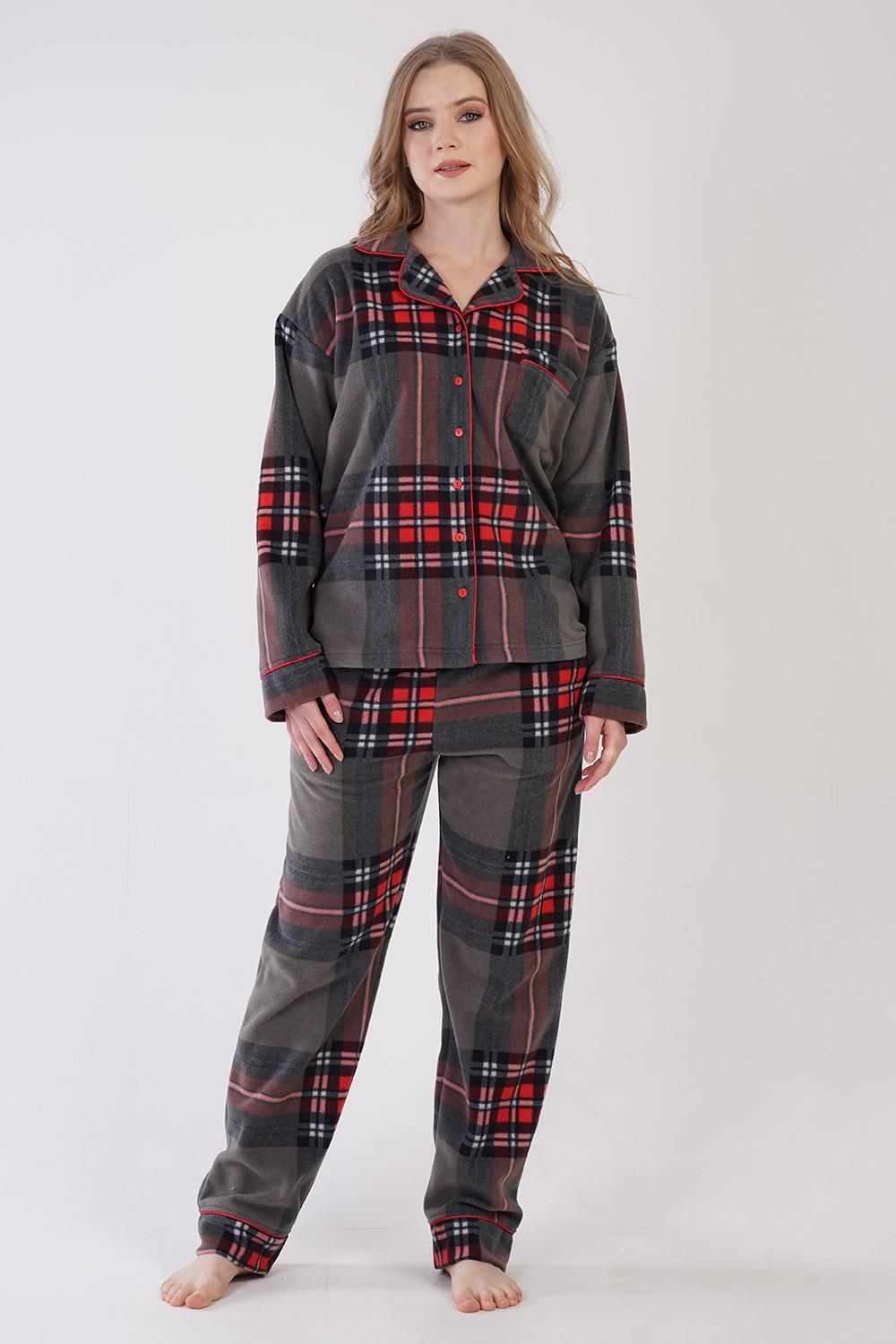 Vienetta Kadın Antrasit Polar Düğmeli Uzun Kollu Pijama Takımı