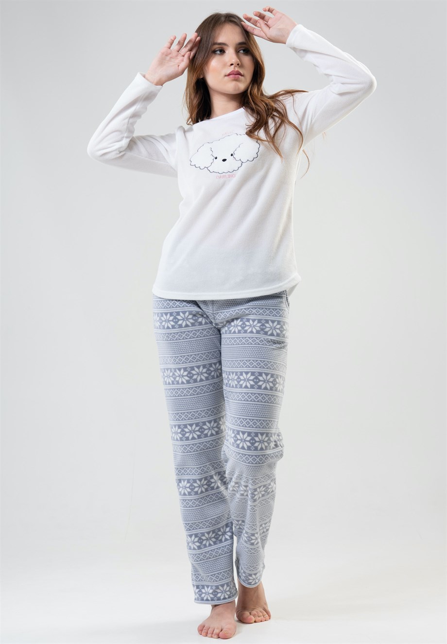 Vienetta Kadın Beyaz Polar Uzun Kollu Pijama Takımı 2030703972