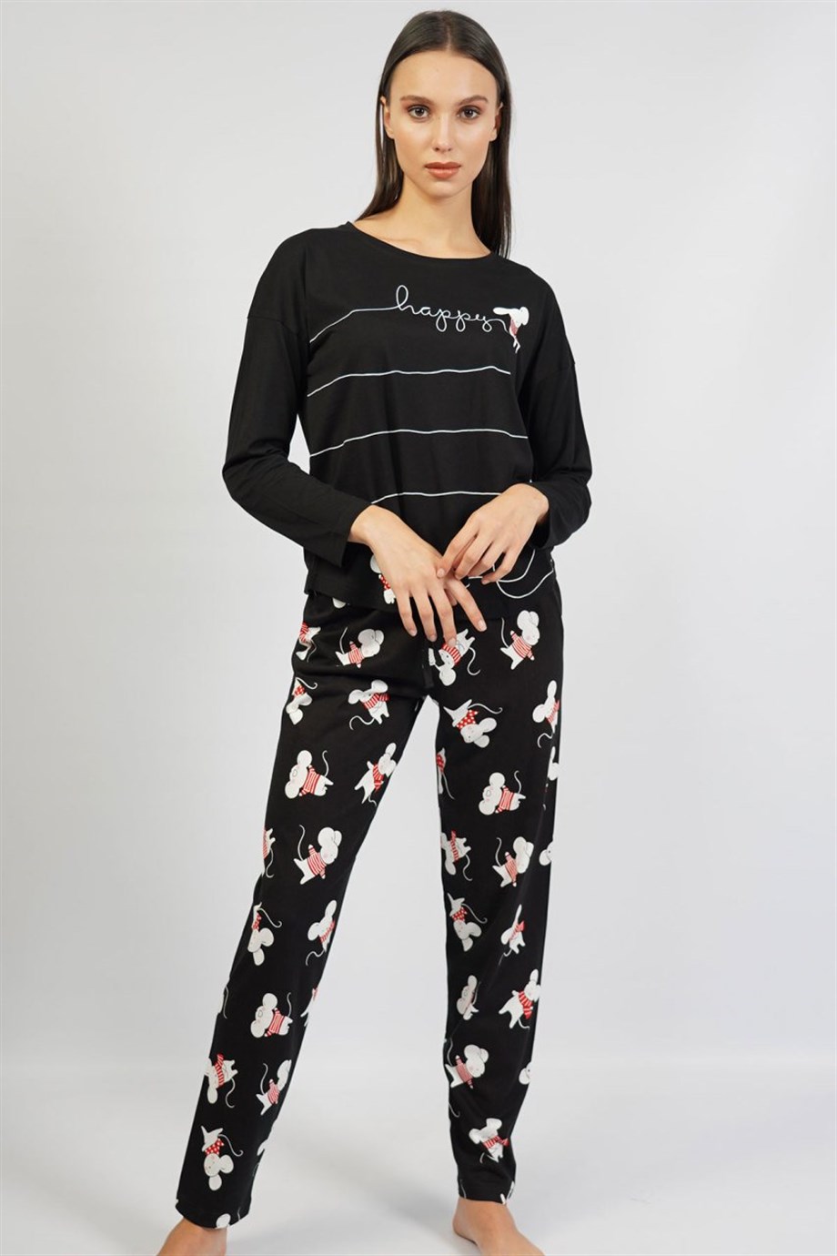 Vienetta Kadın Düşük Omuzlu Uzun Kol Eteği Oval Pijama Takım 1061560660