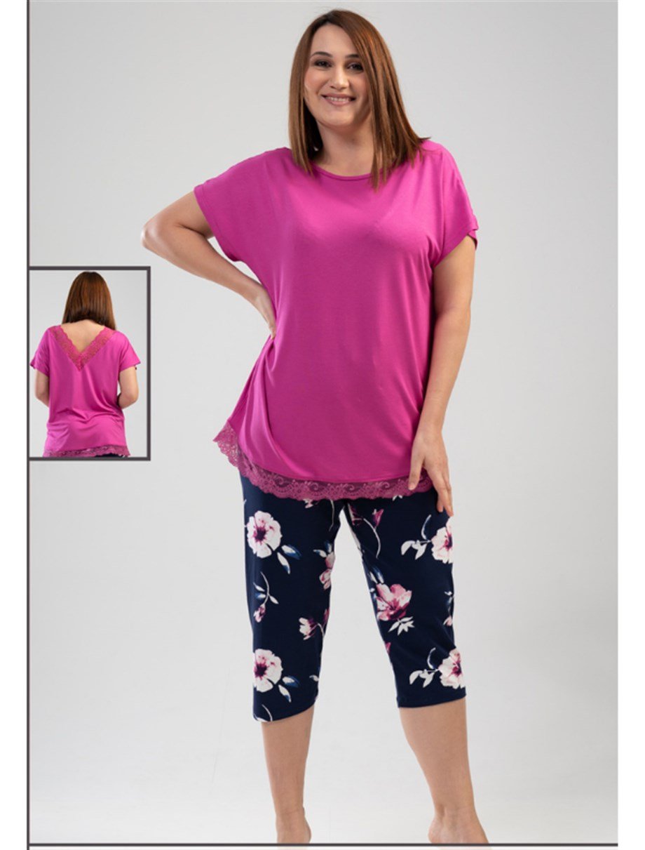 Vienetta Kadın (Fuşya) Kısa Kollu Büyük Beden Kapri Pijama Takımı 1110899152
