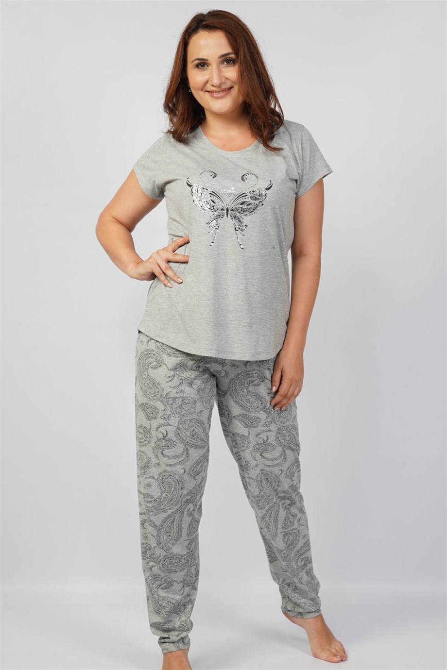 Vienetta Kadın (Gri Melanj) Kısa Kollu Büyük Beden Pijama Takımı 1070260764