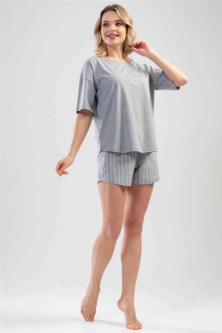 Vienetta Kadın Gri Melanj Kısa Kollu Şortlu Pijama Takımı