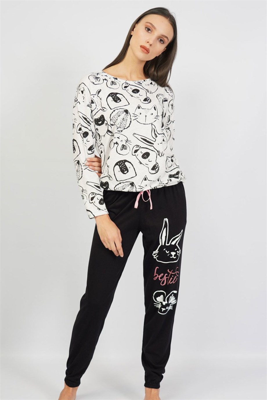 Vienetta Kadın Gri Melanj Uzun Kol Beli Paçası Büzgülü Pijama Takım 1061301111