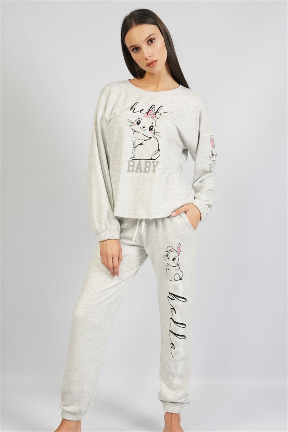 Vienetta Kadın (Gri Melanj) Uzun Kol Manşetli Pijama Takım 1070730000