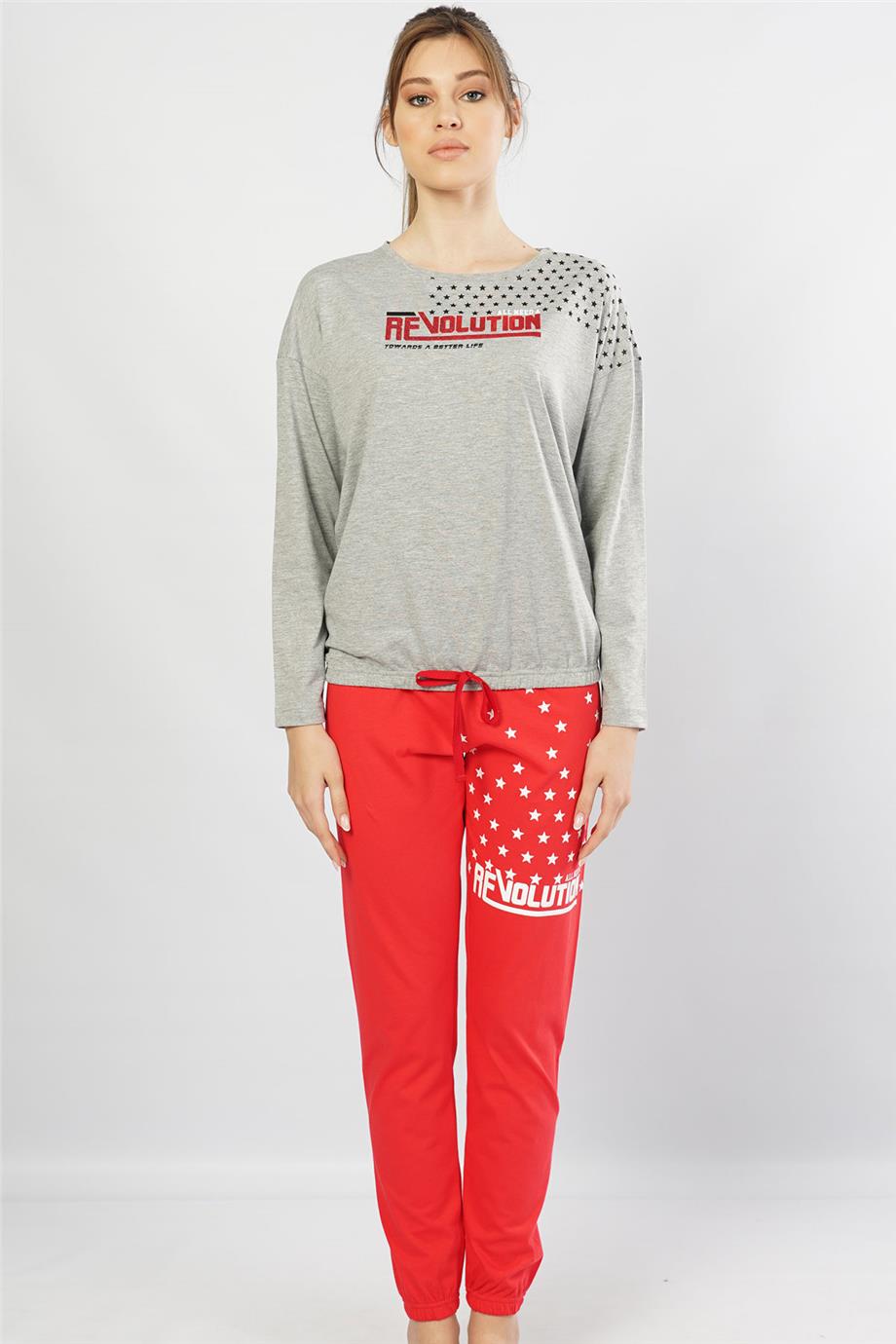 Vienetta Kadın Gri Melanj Uzun Kol Paçası Büzgülü Pijama Takım