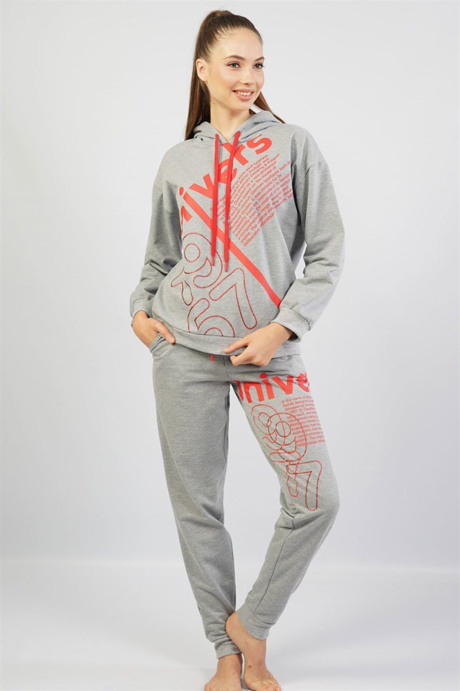 Vienetta Kadın (Gri Melanj) Uzun Kollu Kapşonlu Manşetli Pijama Takım 1052160000 