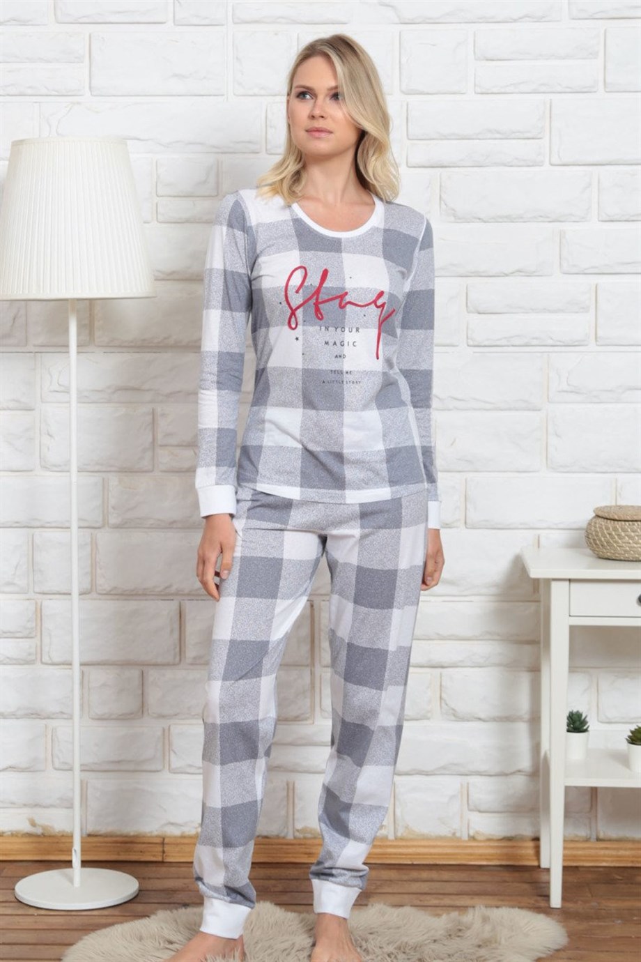 Vienetta Kadın Gri Uzun Kol Manşetli Pijama Takım 0042341722 