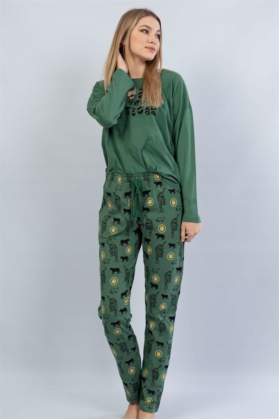 Vienetta Kadın Haki Uzun Kol Manşetli Pijama Takım  1070160462
