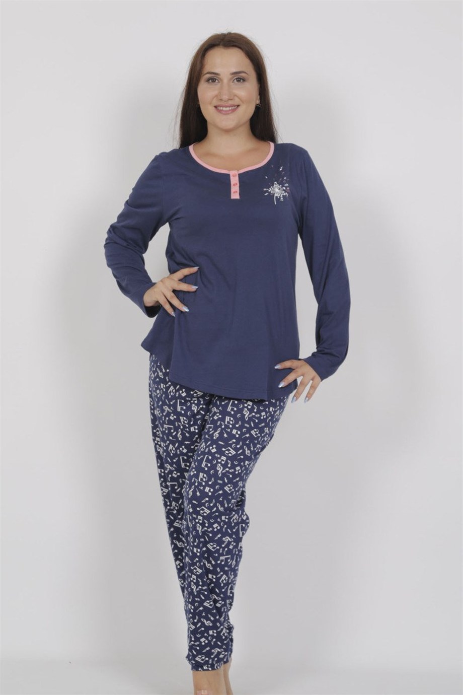 Vienetta Kadın (İndigo) Büyük Beden Uzun Kol Pijama Takım 0091620524 