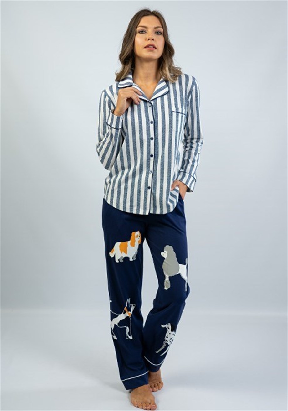 Vienetta Kadın İndigo Düğmeli Cepli Pijama Takım 1050780448 