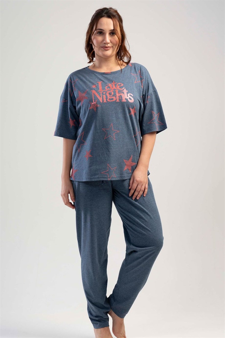 Vienetta Kadın (İndigo) Kısa Kollu Büyük Beden Pijama Takımı 1100231201