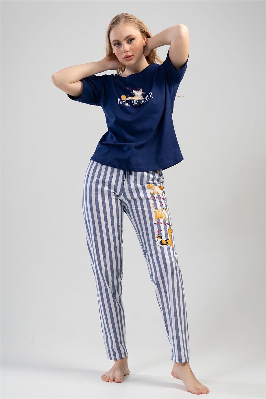 Vienetta Kadın İndigo Kısa Kollu Pijama Takımı