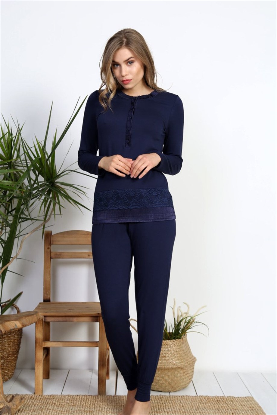 Vienetta Kadın İndigo Viskon Uzun Kollu Pijama Takımı 8042570000