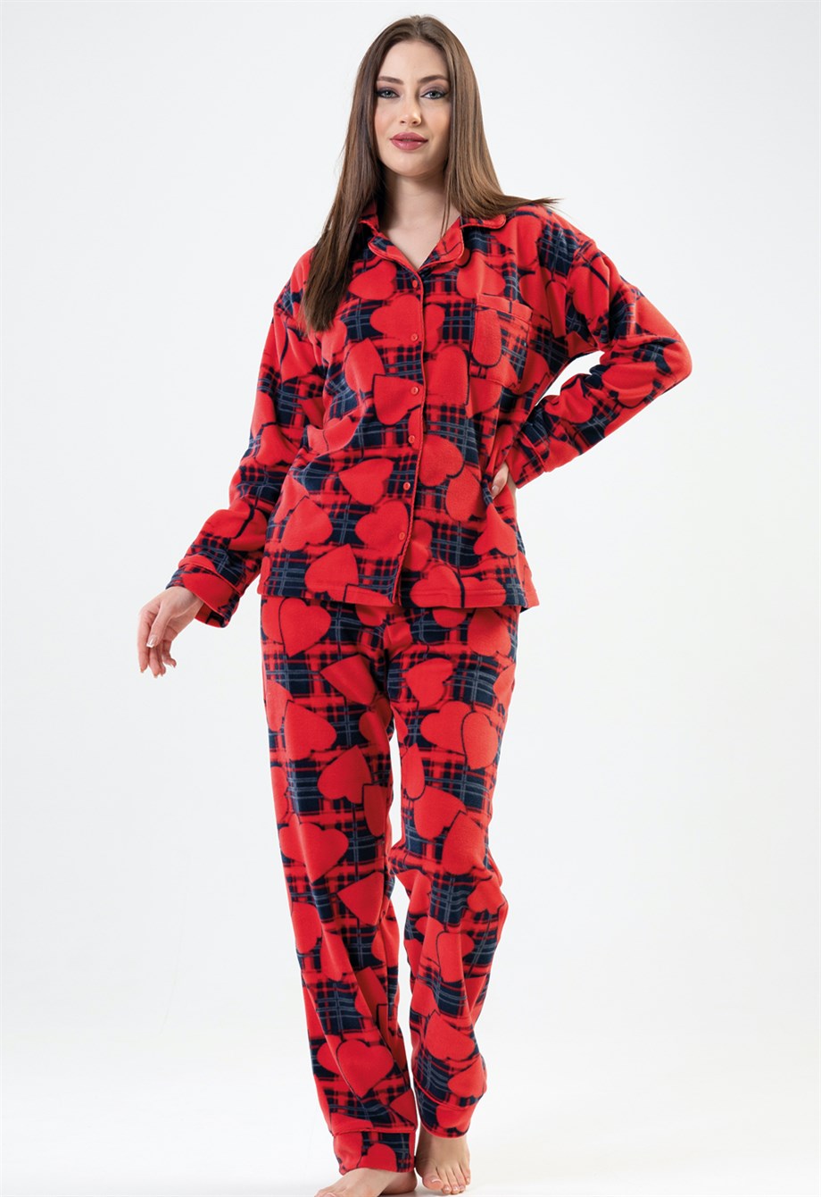 Vienetta Kadın Kırmızı Kalpli Polar Uzun Kollu Pijama Takımı