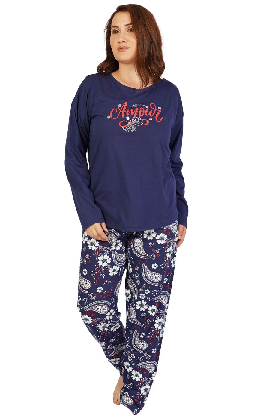Vienetta Kadın Kırmızı Uzun Kollu Büyük Beden Pijama Takımı