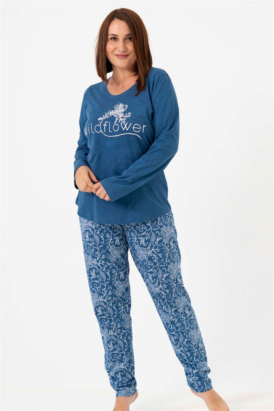 Vienetta Kadın (Mavi) Büyük Beden Uzun Kollu Pijama Takım 1070410451