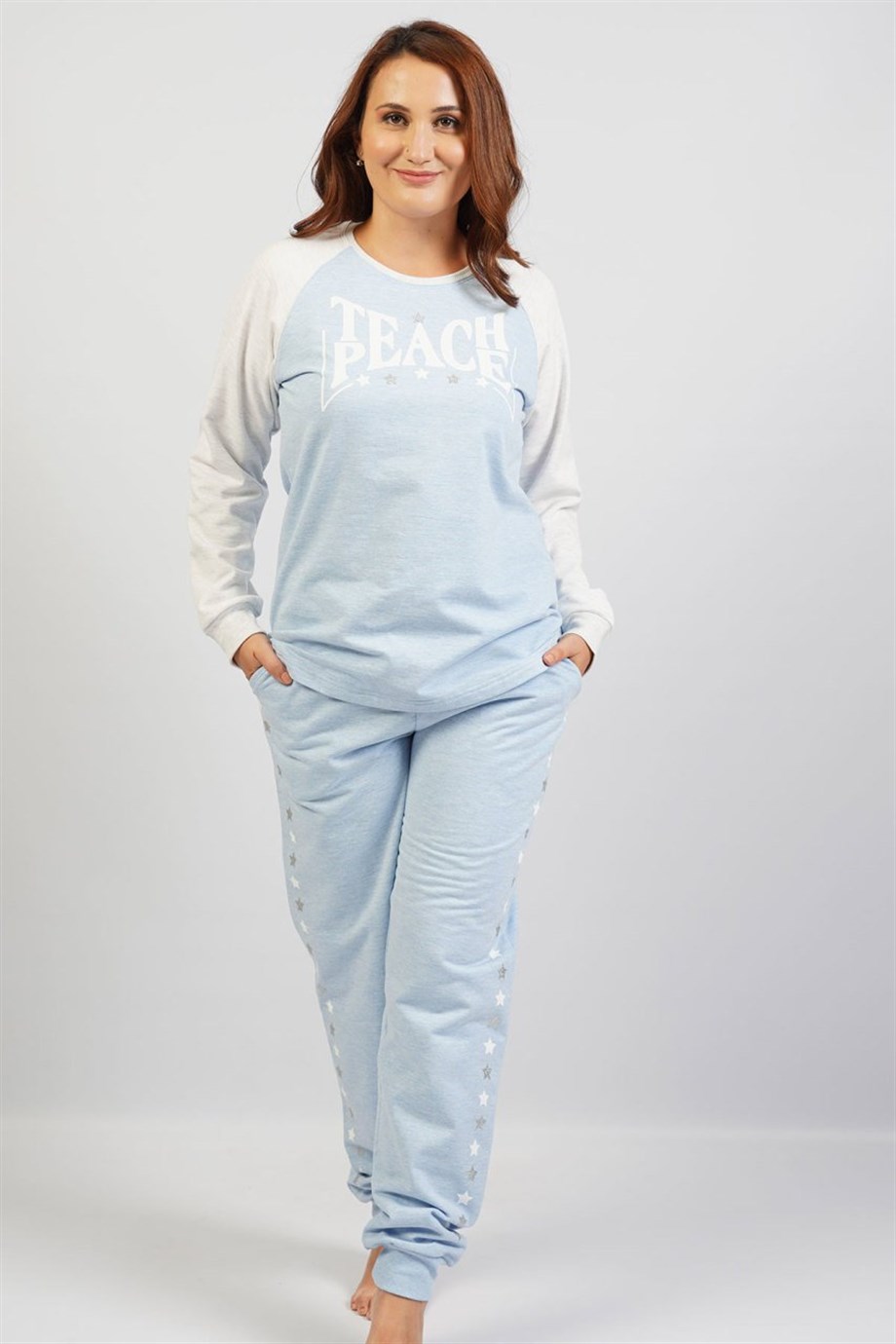 Vienetta Kadın Mavi Büyük Beden Uzun Kol Cepli Manşetli Pijama Takım 105230000