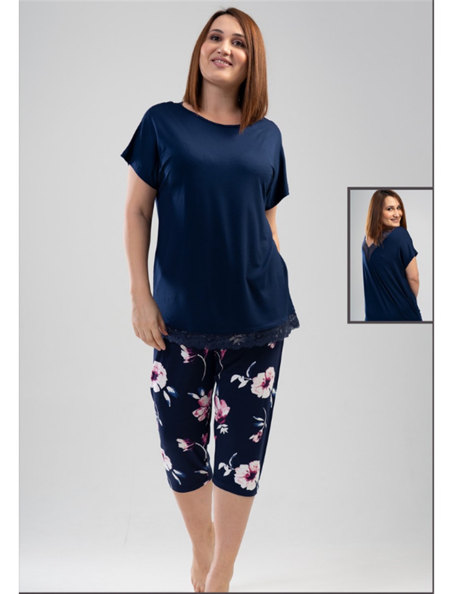 Vienetta Kadın (Mavi) Kısa Kollu Büyük Beden Kapri Pijama Takımı 1110899152 