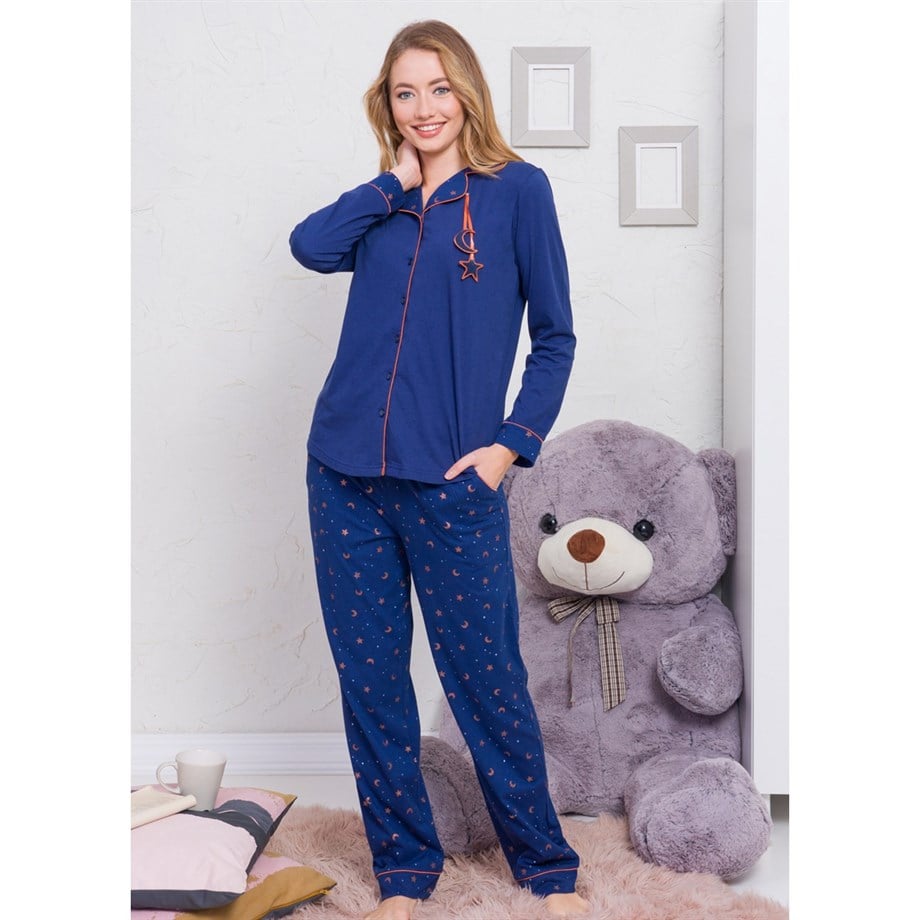 Vienetta Kadın (Mavi) Tamamı Düğmeli Uzun Kollu Pijama Takımı 0051080142 