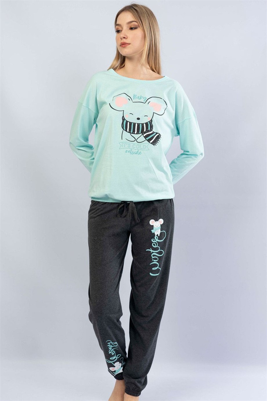 Vienetta Kadın Mint Uzun Kol Beli Paçası Büzgülü Pijama Takımı 1061570000