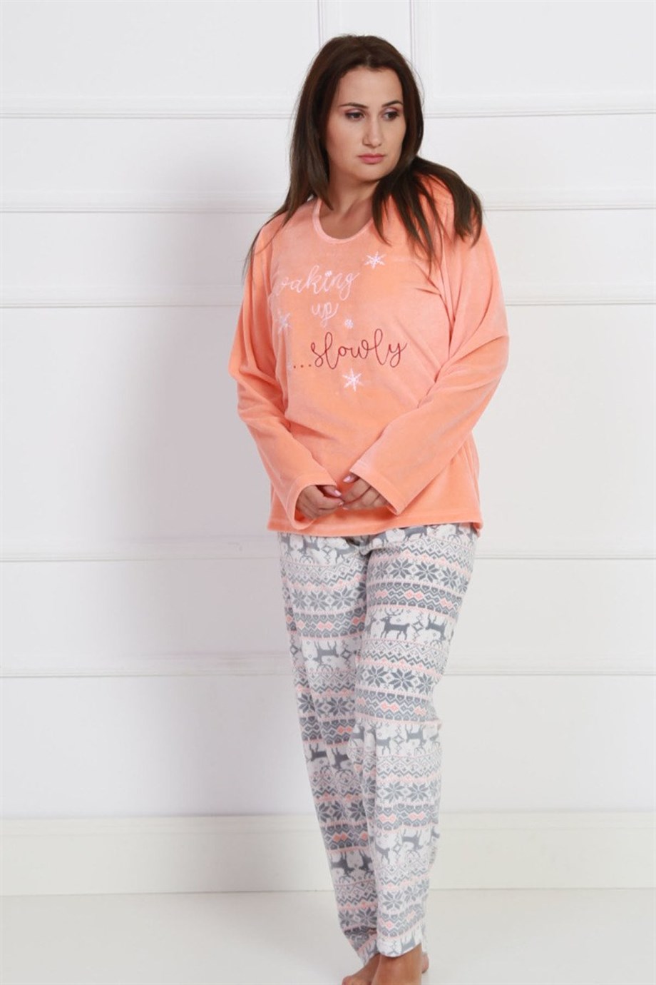 Vienetta Kadın Pembe Kadife Büyük Beden Uzun Kol Pijama Takım 9031932316