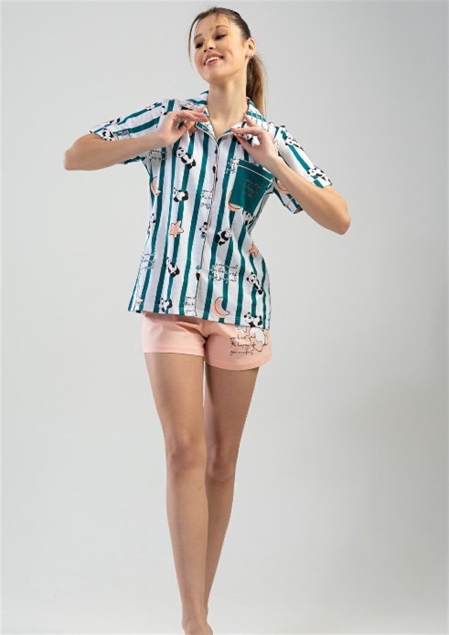 Vienetta Kadın (Pembe) Kısa Kollu Düğmeli Şortlu Pijama Takımı 1112993385-A