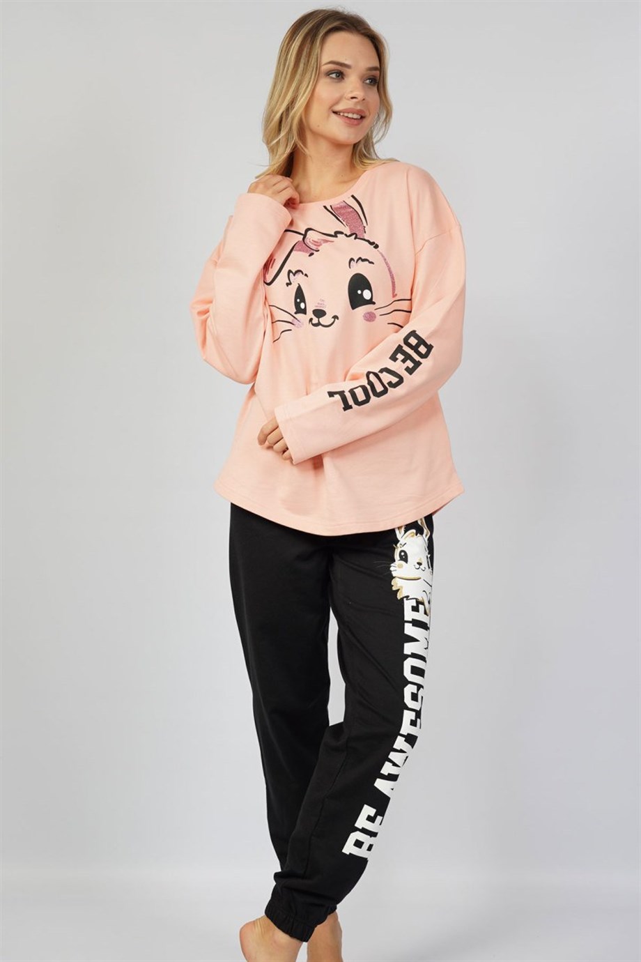 Vienetta Kadın Pembe Uzun Kollu Paçası Büzgülü Pijama Takımı 1051020000