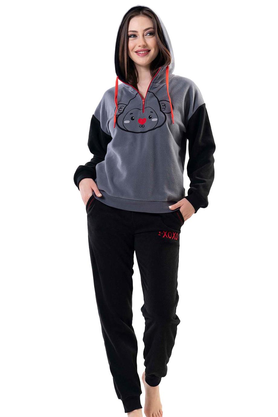 Vienetta Kadın Polar Kapşonlu Uzun Kollu Pijama Takımı