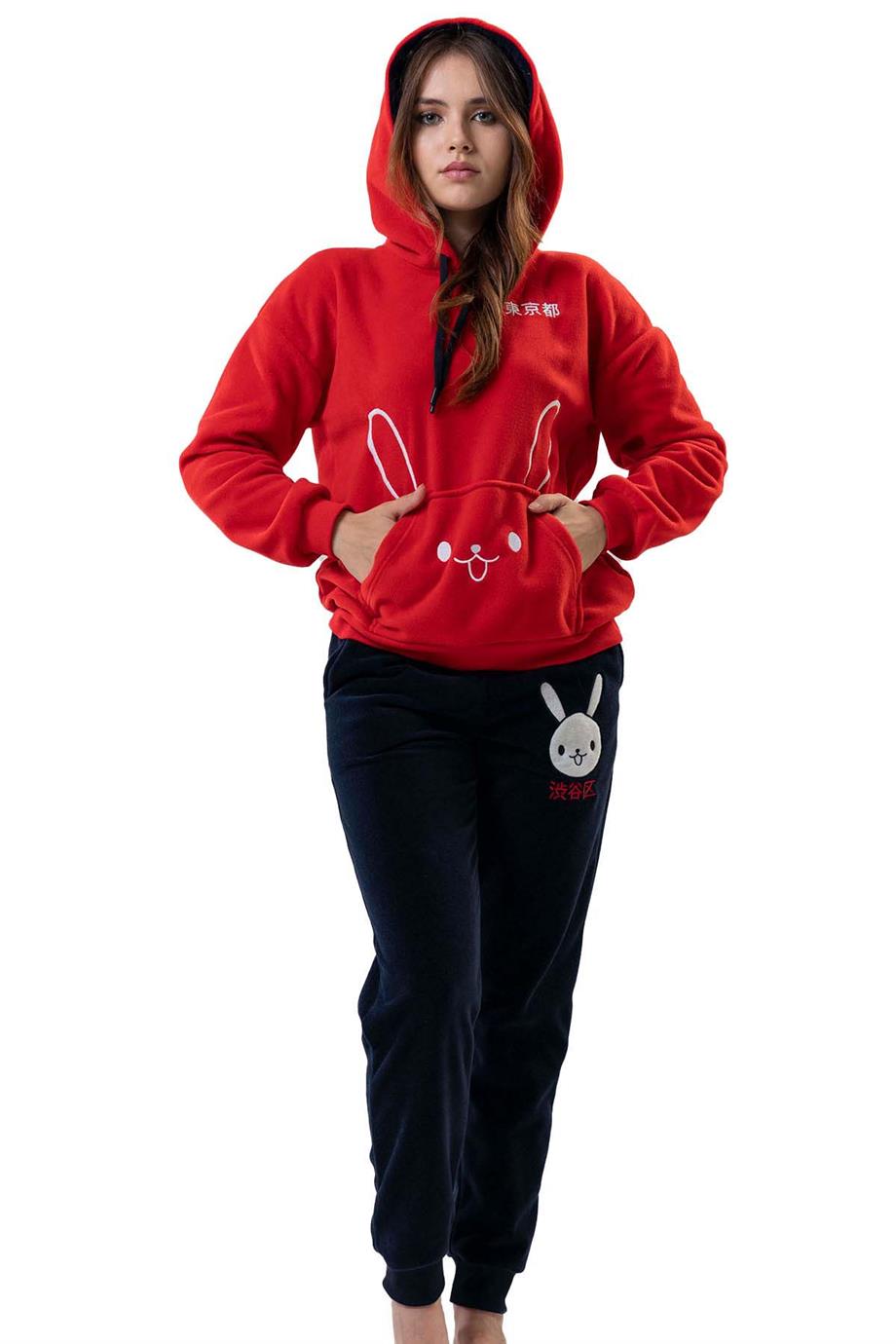 Vienetta Kadın Polar Kapşonlu Uzun Kollu Pijama Takımı