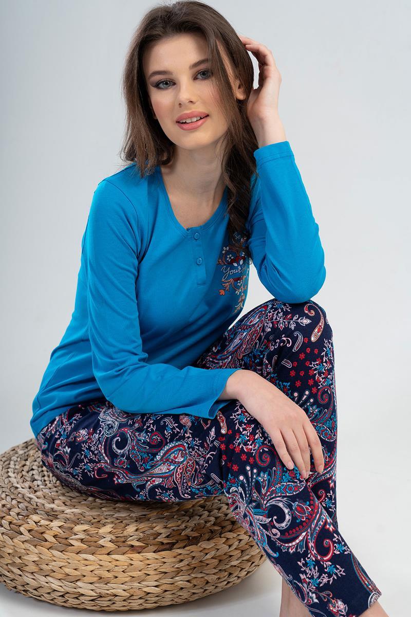 Vienetta Kadın Saks Uzun Kollu Pijama Takımı