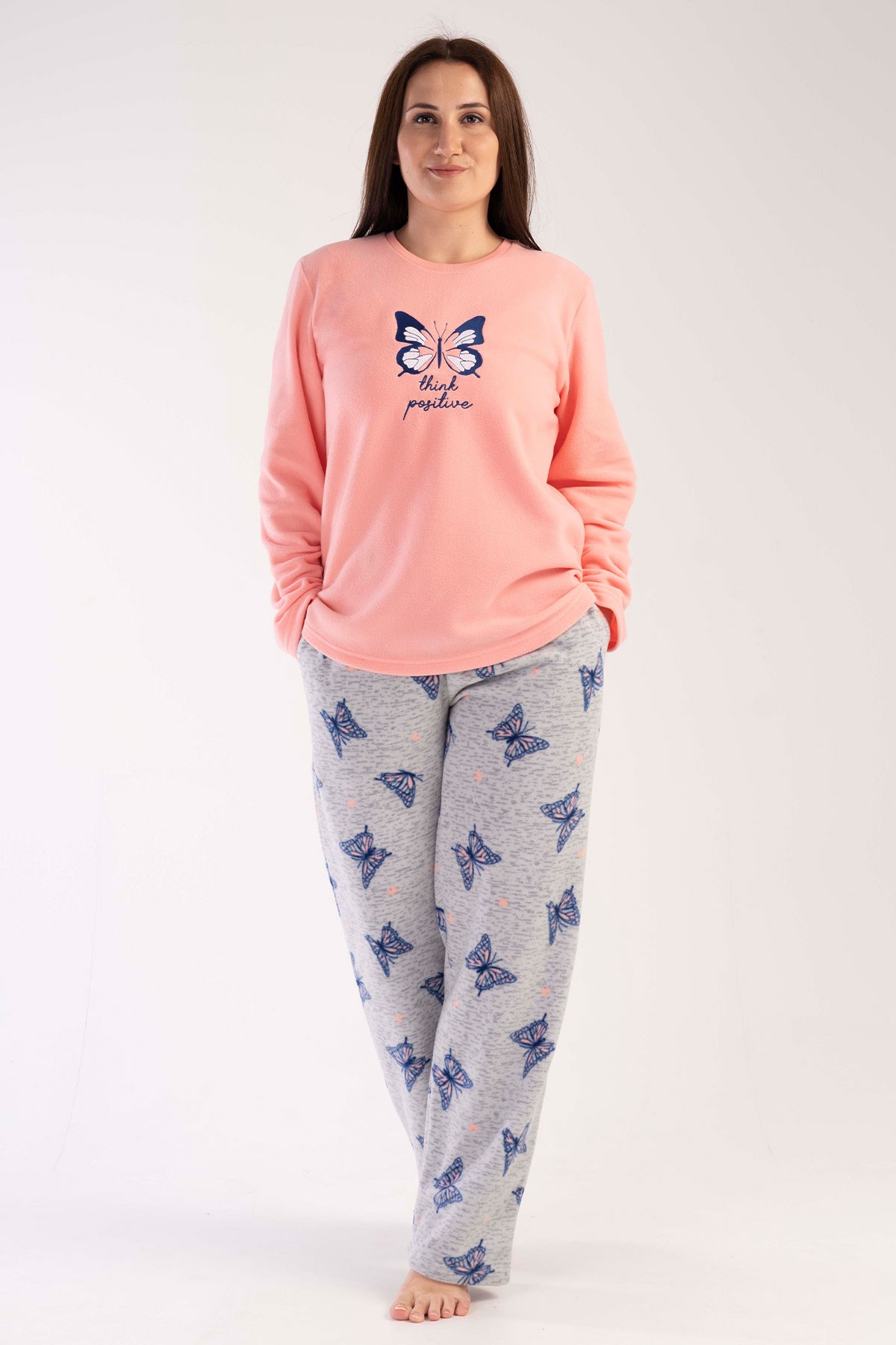 Vienetta Kadın Şeftali Polar Büyük Beden Uzun Kollu Pijama Takımı