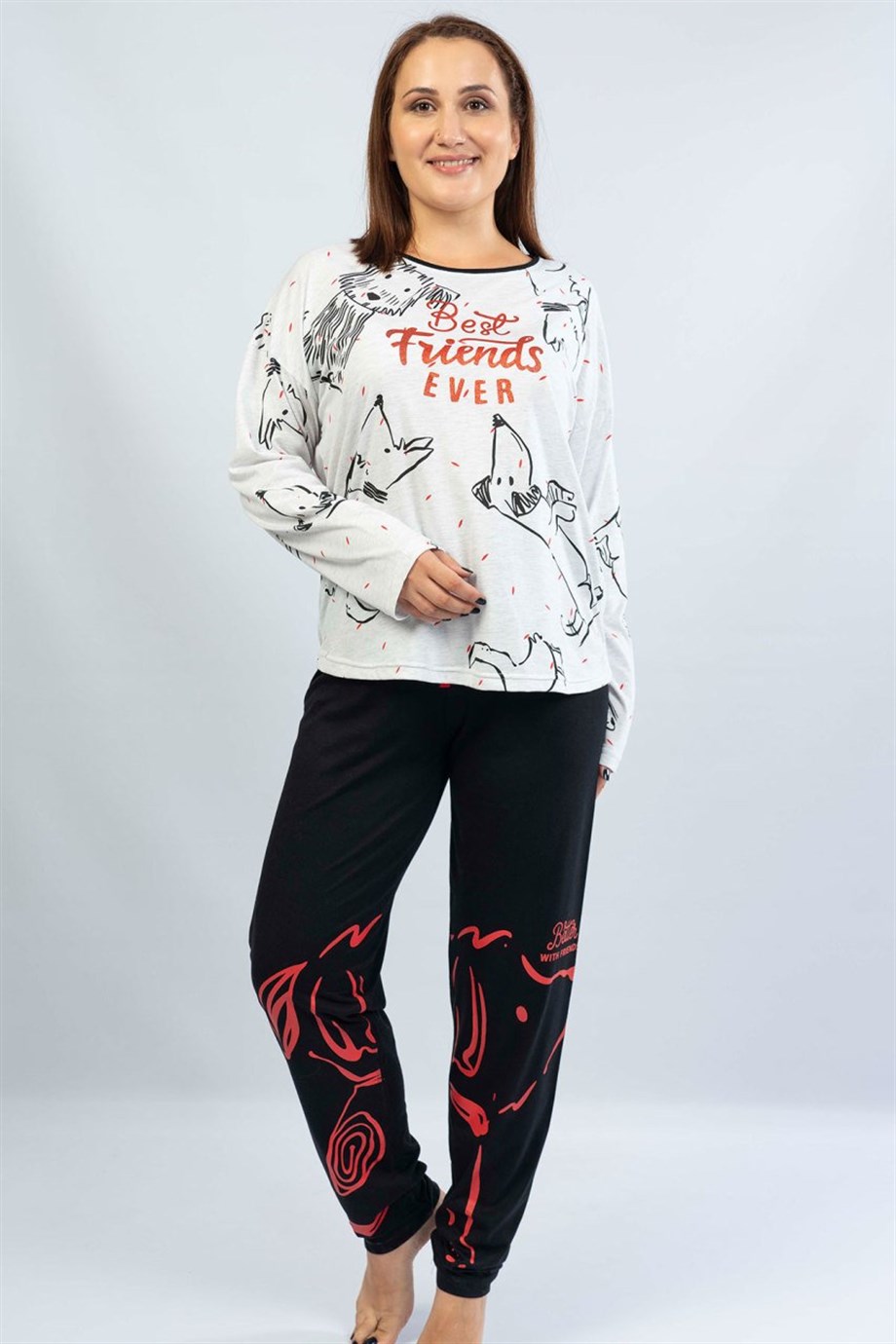Vienetta Kadın (Siyah) Büyük Beden Uzun Kol Pijama Takım 1061350690