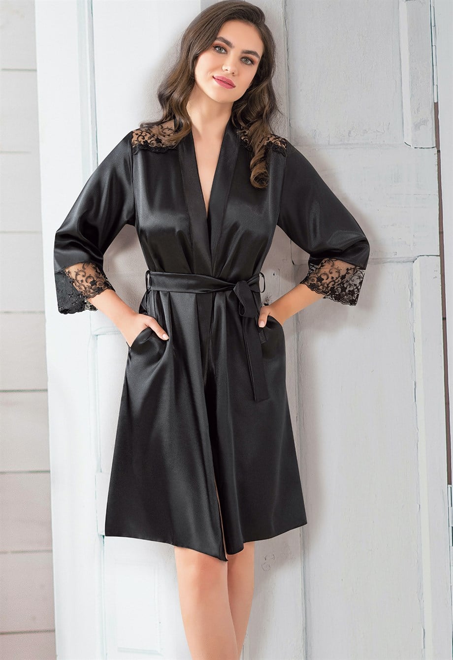Vienetta Kadın Siyah Dantel Detay Saten Sabahlık