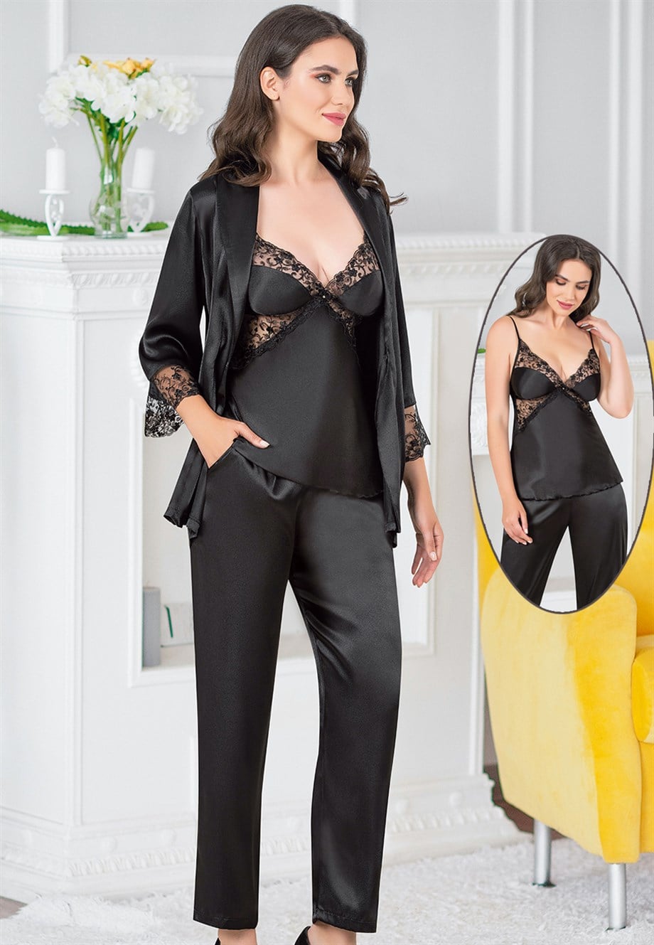 Vienetta Kadın Siyah Saten Dantelli Üçlü Pijama Takım 
