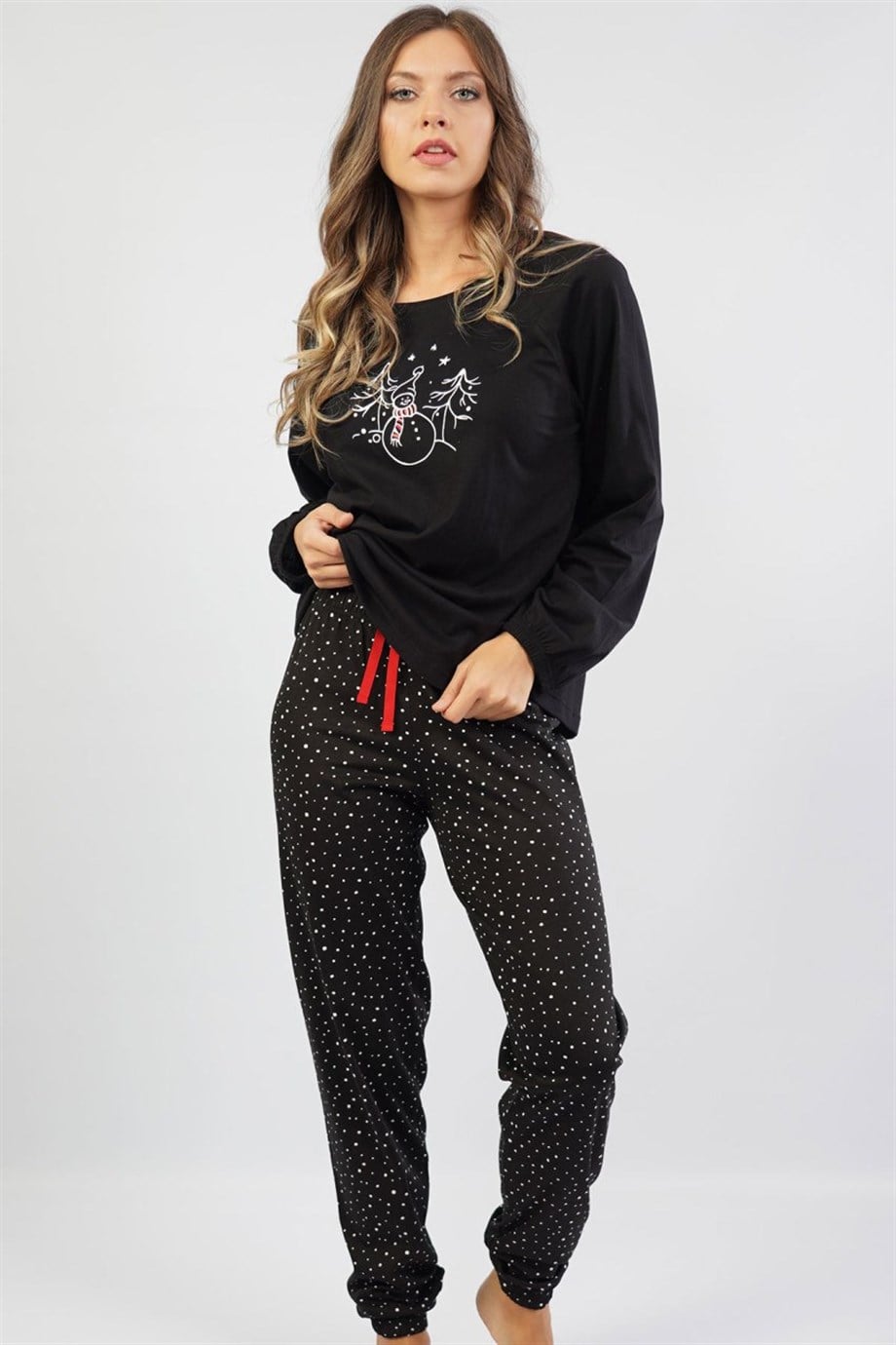 Vienetta Kadın Siyah Uzun Kol Eteği Oval Paçası Büzgülü Pijama Takımı 1070521278