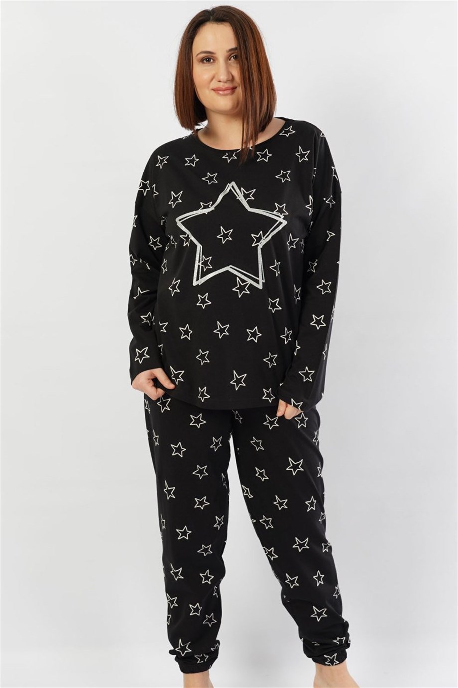Vienetta Kadın Siyah Uzun Kol Paçası Büzgülü Pijama Takım 1030511191