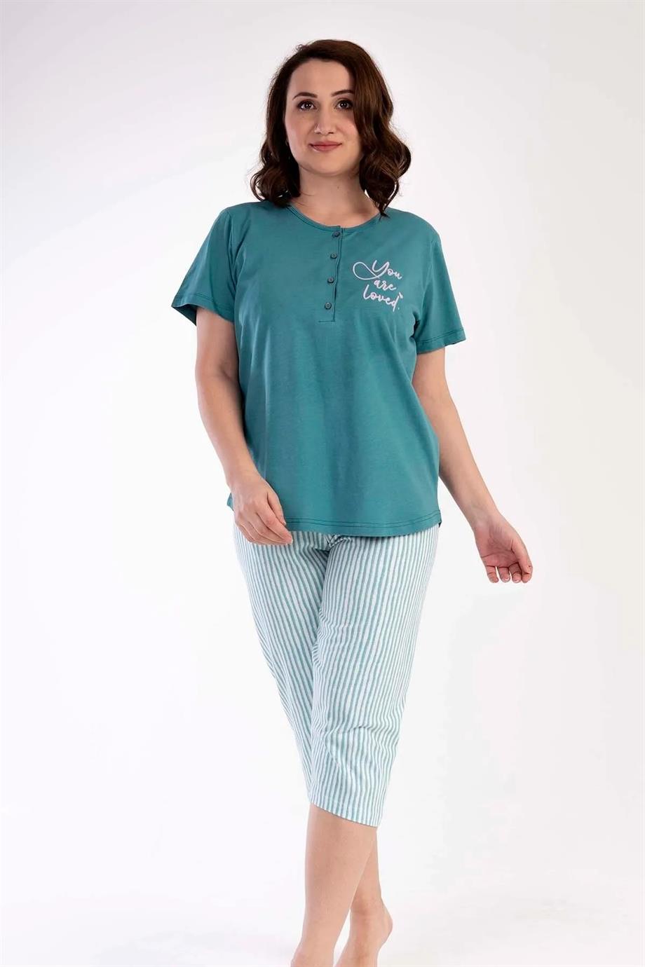 Vienetta Kadın Turkuaz Kısa Kollu Kaprili Büyük Beden Pijama Takımı