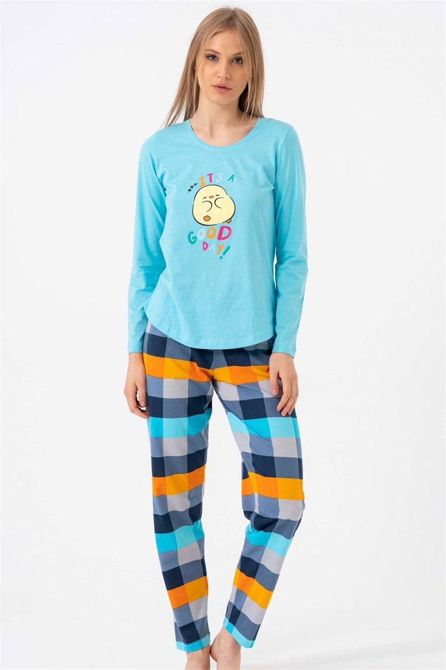 Vienetta Kadın Turkuaz Uzun Kol Manşetli Pijama Takım 1052878104