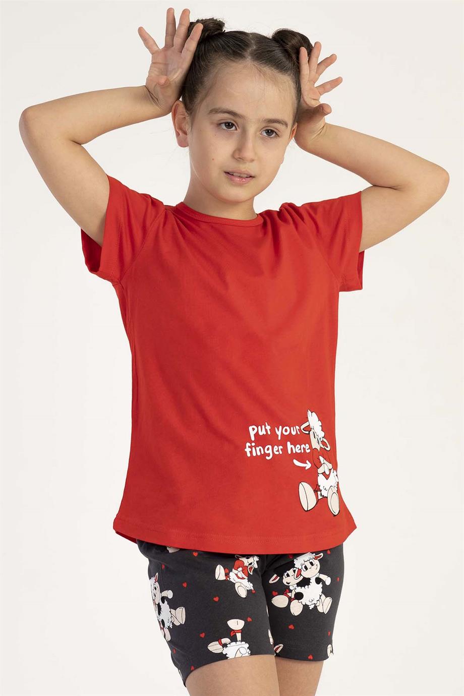 Vienetta Kız Çocuk Kırmızı Kısa Kollu Şortlu Pijama Takımı