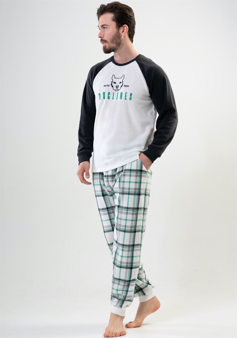 Vienetta Man Erkek Ekru Polar Uzun Kollu Pijama Takımı