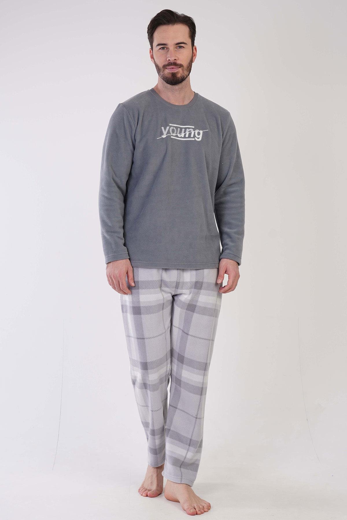 Vienetta Man Erkek Gri Uzun Kollu Polar Pijama Takımı
