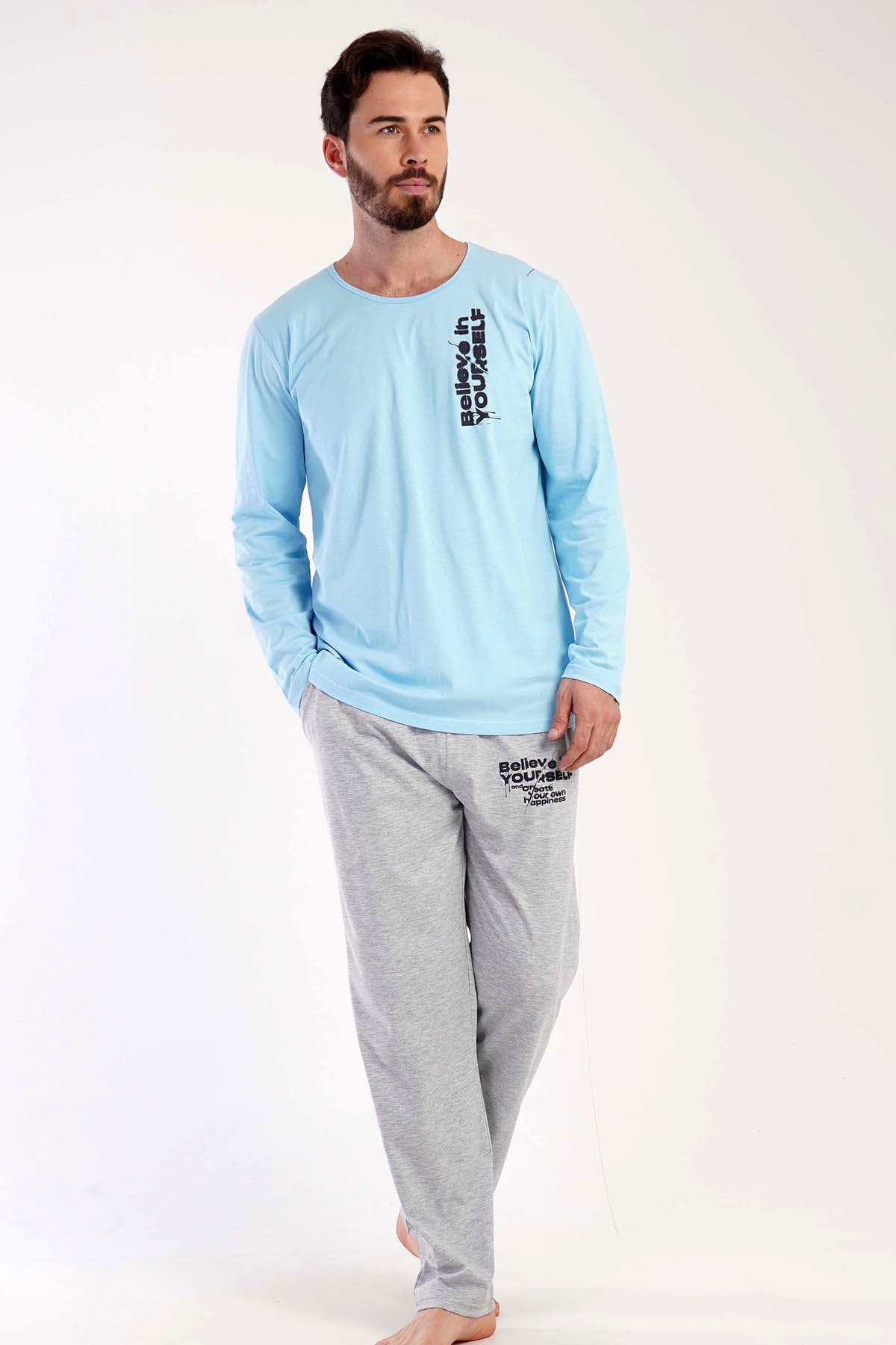 Vienetta Man Erkek Mavi Uzun Kollu Pijama Takımı