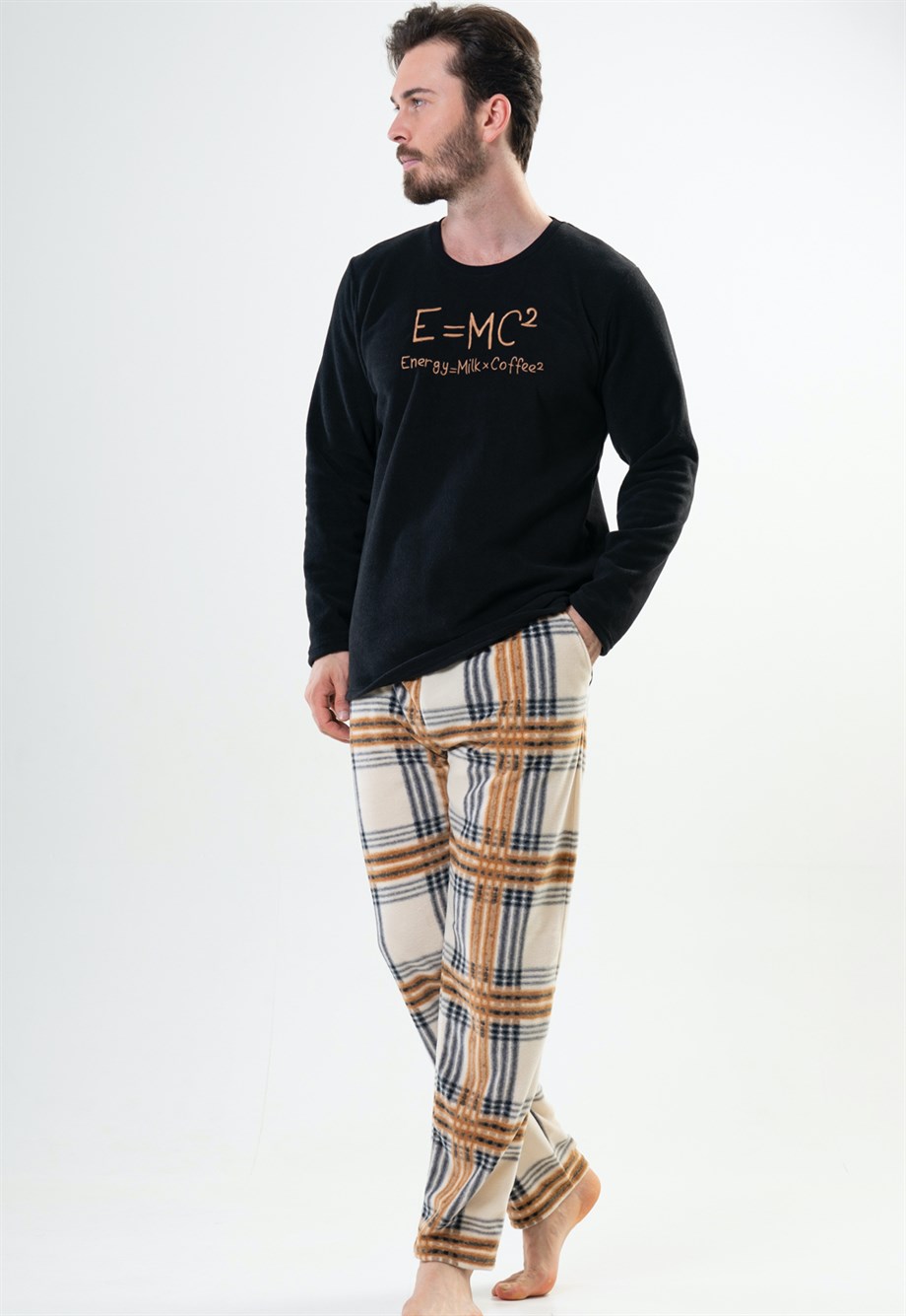 Vienetta Man Erkek Siyah Polar Uzun Kollu Pijama Takımı